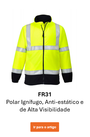 Imagem do casaco de fleece Bizflame FR31 com proteção contra chamas e antistático, em amarelo de alta visibilidade com detalhes em azul e faixas refletoras. Link para o artigo.