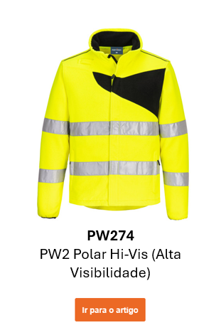 Imagem do casaco de fleece de alta visibilidade PW2 PW274 em amarelo fluorescente com detalhes pretos e faixas refletoras. Link para o artigo.