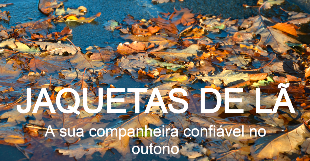 Imagem de capa de outono com folhas molhadas e coloridas numa rua. Letras brancas: Casacos de lã - a sua companheira de confiança no outono.