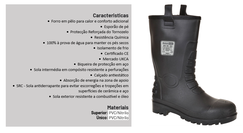 Sapato de segurança preto S5 Neptun Rigger CI FW75 com descrição das características do item e link para o item.