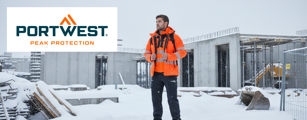 Um trabalhador veste o Casaco de Inverno Portwest DX4 Hi-Vis DX461 laranja brilhante com detalhes pretos e faixas refletoras num estaleiro de constru&ccedil;&atilde;o com neve.
