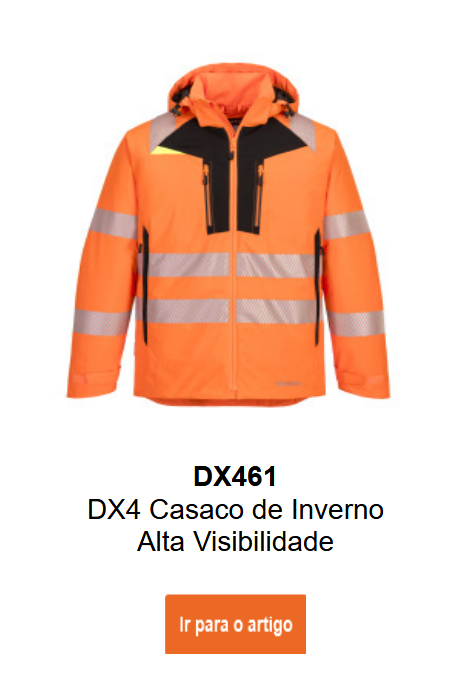 Imagem do Casaco de Inverno de Alta Visibilidade DX4 DX461 em cor de laranja com detalhes em preto e amarelo e faixas refletoras. Um link para o artigo está disponível.