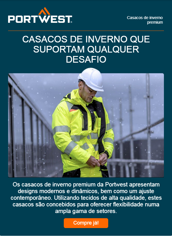 Imagem de capa com o título "Casacos de inverno que superam qualquer desafio" e a foto de um trabalhador com roupas de inverno amarelas e quentes. O homem usa um capacete branco e fecha o fecho do blusão. Um estaleiro de obras com neve pode ser visto ao fundo. Um link para os nossos casacos de inverno está disponível.