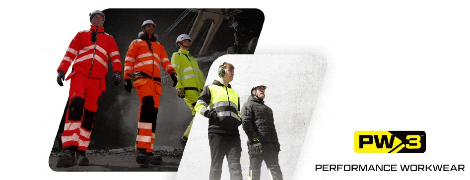 Cinco modelos masculinos em workwear Portwest. Você pode ver roupas de alta visibilidade vermelhas e amarelas, capacetes brancos, protetores auriculares e roupas pretas. Ao lado das imagens encontra-se o logótipo da marca Portwest.