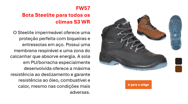 Imagem da Bota Steelite para Todas as Estações S3 WR FW57 em preto com sola cinza. Também disponível em marrom. A descrição completa está na página do produto.