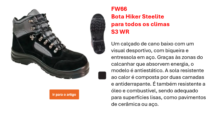 Imagem da Bota de Caminhada Steelite para Todas as Estações S3 WR FW66 em preto com detalhes cinza. A descrição completa está na página do produto.