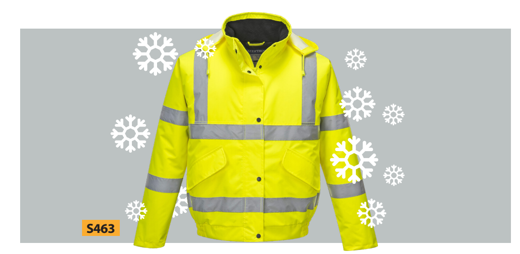Imagem do produto da jaqueta Portwest S463 em amarelo advertência com flocos de neve estilizados como decoração. O link para o artigo está depositado.