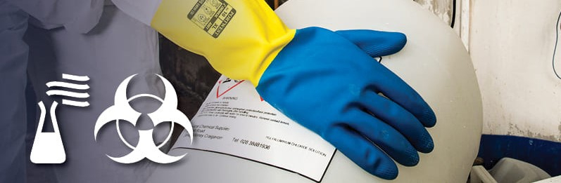 Imagem de maquete de luvas de proteção química amarela e azul com símbolos de advertência de produtos químicos perigosos