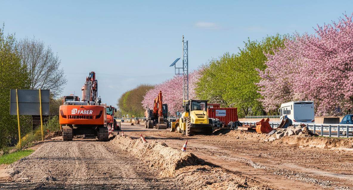 Cena de construção com várias escavadoras e veículos. À direita e à esquerda da estrada de terra batida, árvores com folhas verdejantes e flores cor-de-rosa.
